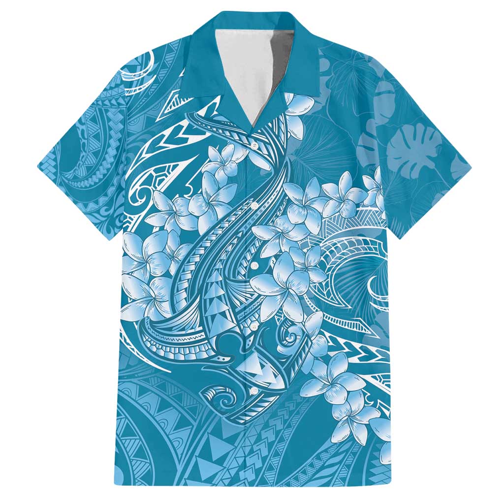 Blue Polynesia Hammerhead Shark Tattoo With Plumeria Lei Family Matching Off Shoulder Short Dress and Hawaiian Shirt