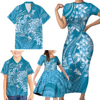 Blue Polynesia Hammerhead Shark Tattoo With Plumeria Lei Family Matching Short Sleeve Bodycon Dress and Hawaiian Shirt