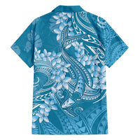Blue Polynesia Hammerhead Shark Tattoo With Plumeria Lei Family Matching Short Sleeve Bodycon Dress and Hawaiian Shirt