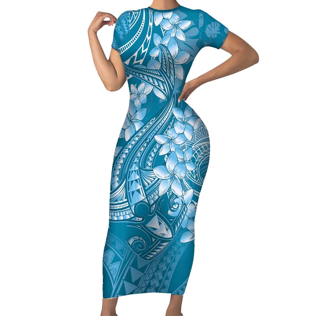 Blue Polynesia Hammerhead Shark Tattoo With Plumeria Lei Family Matching Short Sleeve Bodycon Dress and Hawaiian Shirt