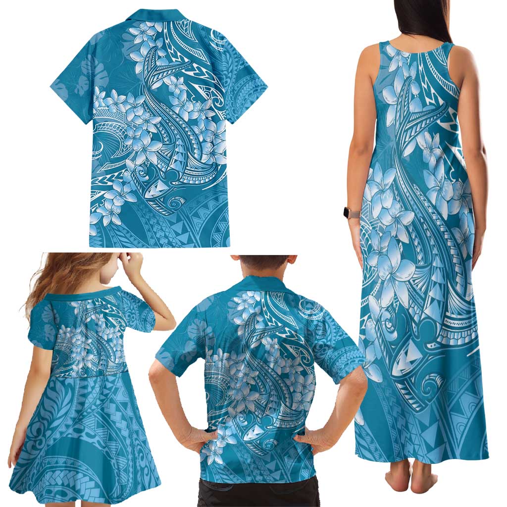 Blue Polynesia Hammerhead Shark Tattoo With Plumeria Lei Family Matching Tank Maxi Dress and Hawaiian Shirt