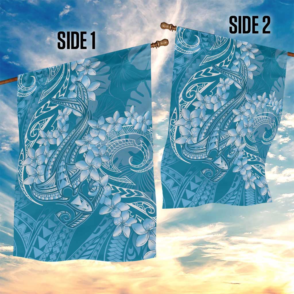 Blue Polynesia Hammerhead Shark Tattoo With Plumeria Lei Garden Flag