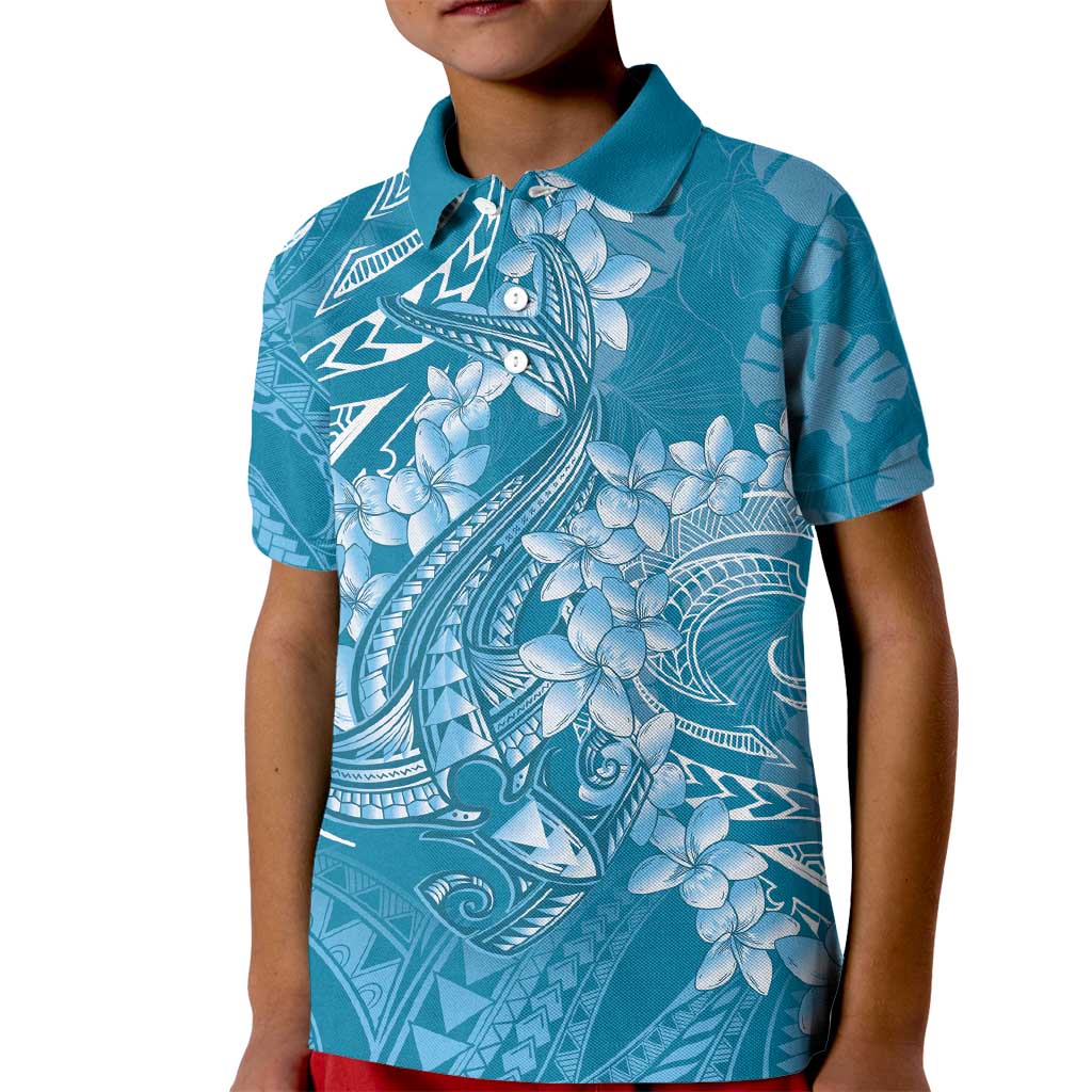 Blue Polynesia Hammerhead Shark Tattoo With Plumeria Lei Kid Polo Shirt LT14 Kid Blue - Polynesian Pride
