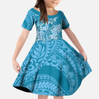 Blue Polynesia Hammerhead Shark Tattoo With Plumeria Lei Kid Short Sleeve Dress LT14 KID Blue - Polynesian Pride