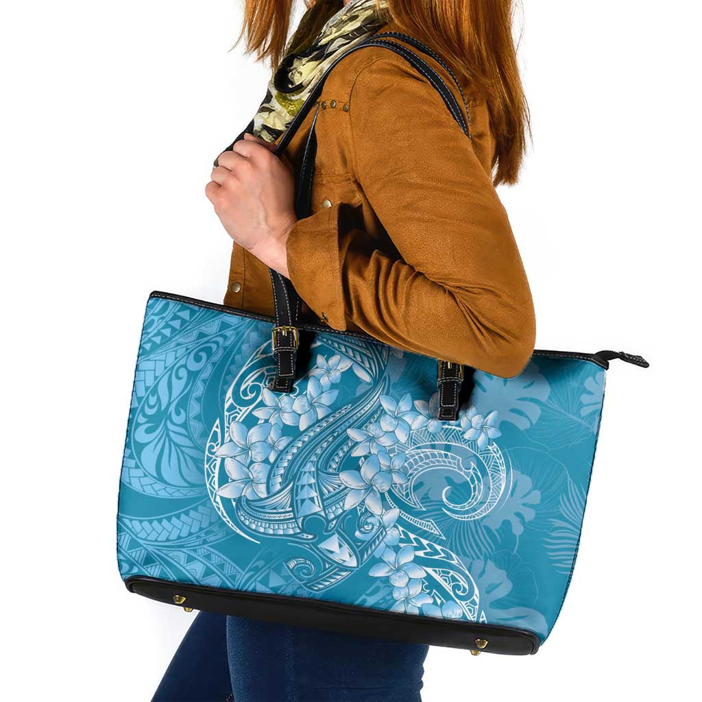 Blue Polynesia Hammerhead Shark Tattoo With Plumeria Lei Leather Tote Bag