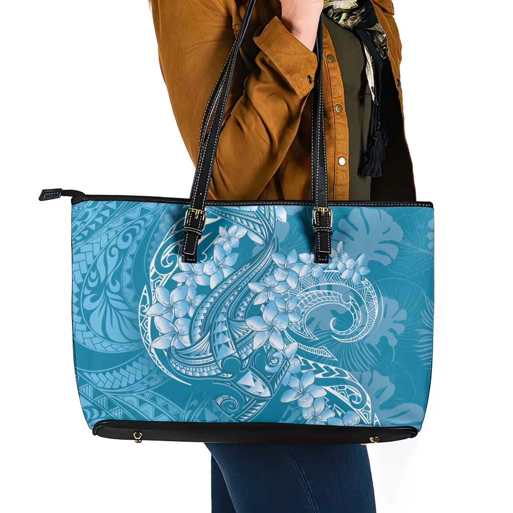 Blue Polynesia Hammerhead Shark Tattoo With Plumeria Lei Leather Tote Bag