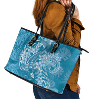 Blue Polynesia Hammerhead Shark Tattoo With Plumeria Lei Leather Tote Bag