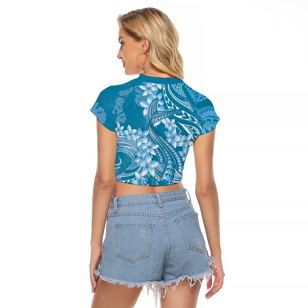 Blue Polynesia Hammerhead Shark Tattoo With Plumeria Lei Raglan Cropped T Shirt LT14 - Polynesian Pride