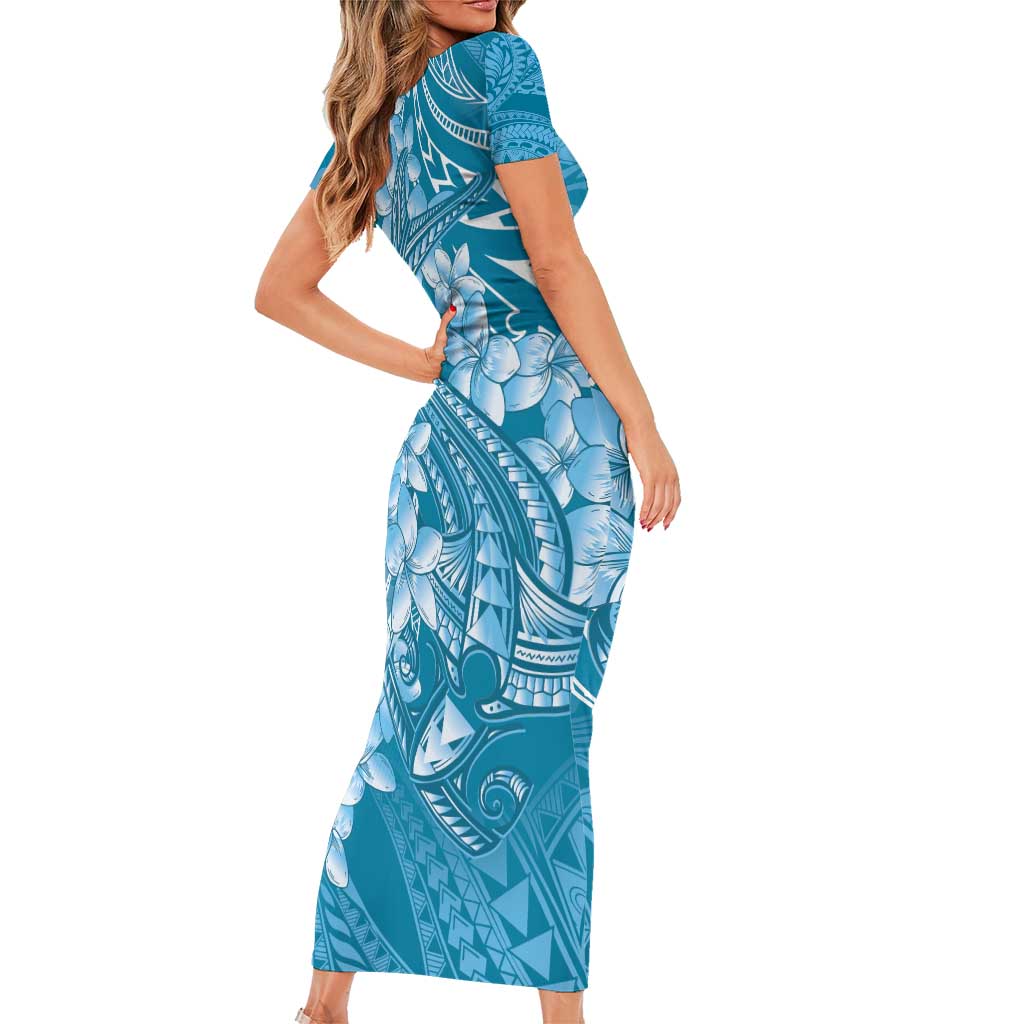 Blue Polynesia Hammerhead Shark Tattoo With Plumeria Lei Short Sleeve Bodycon Dress