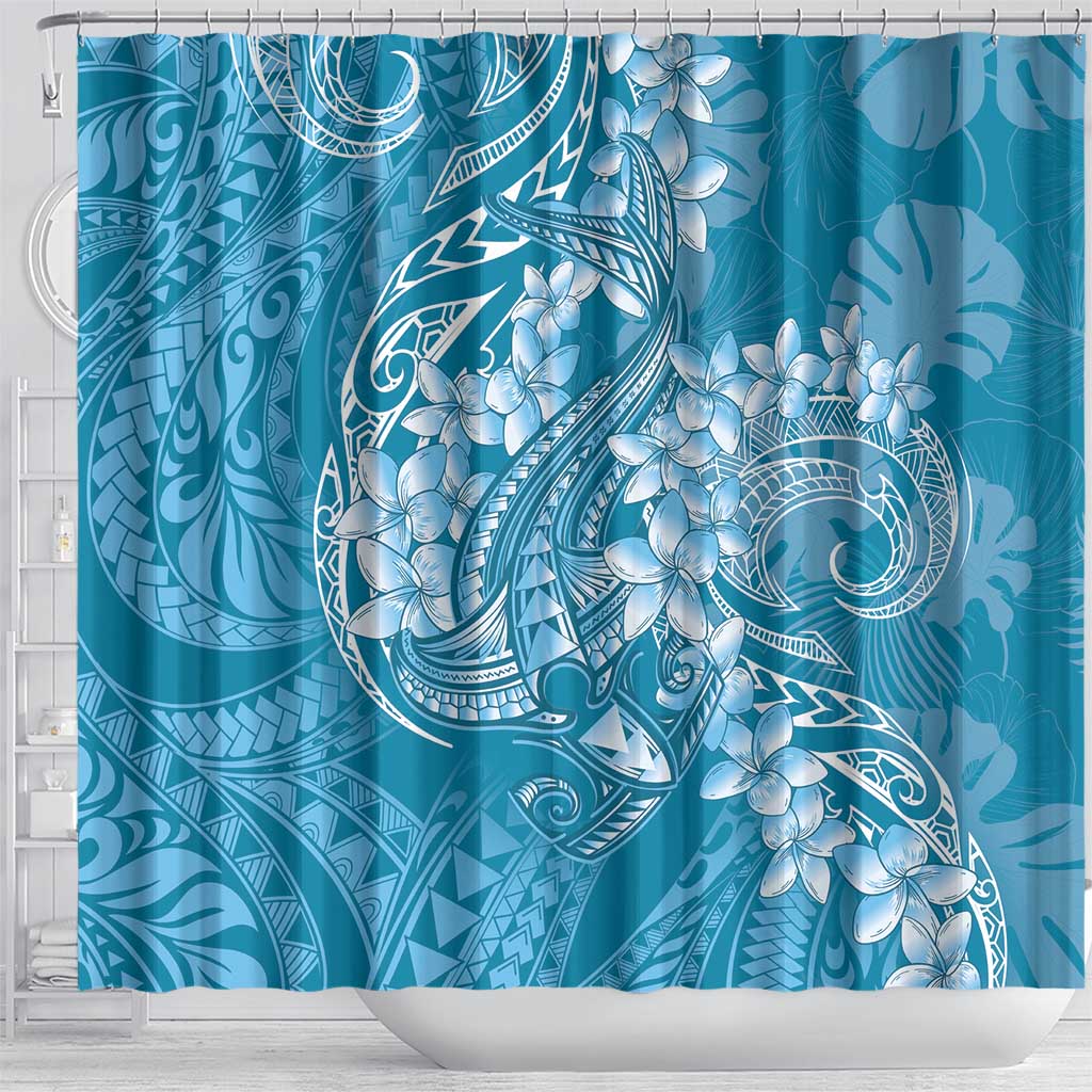 Blue Polynesia Hammerhead Shark Tattoo With Plumeria Lei Shower Curtain