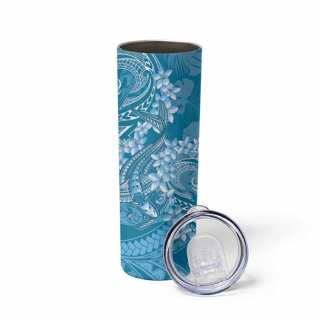 Blue Polynesia Hammerhead Shark Tattoo With Plumeria Lei Skinny Tumbler