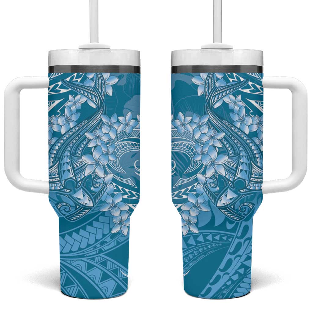 Blue Polynesia Hammerhead Shark Tattoo With Plumeria Lei Tumbler With Handle