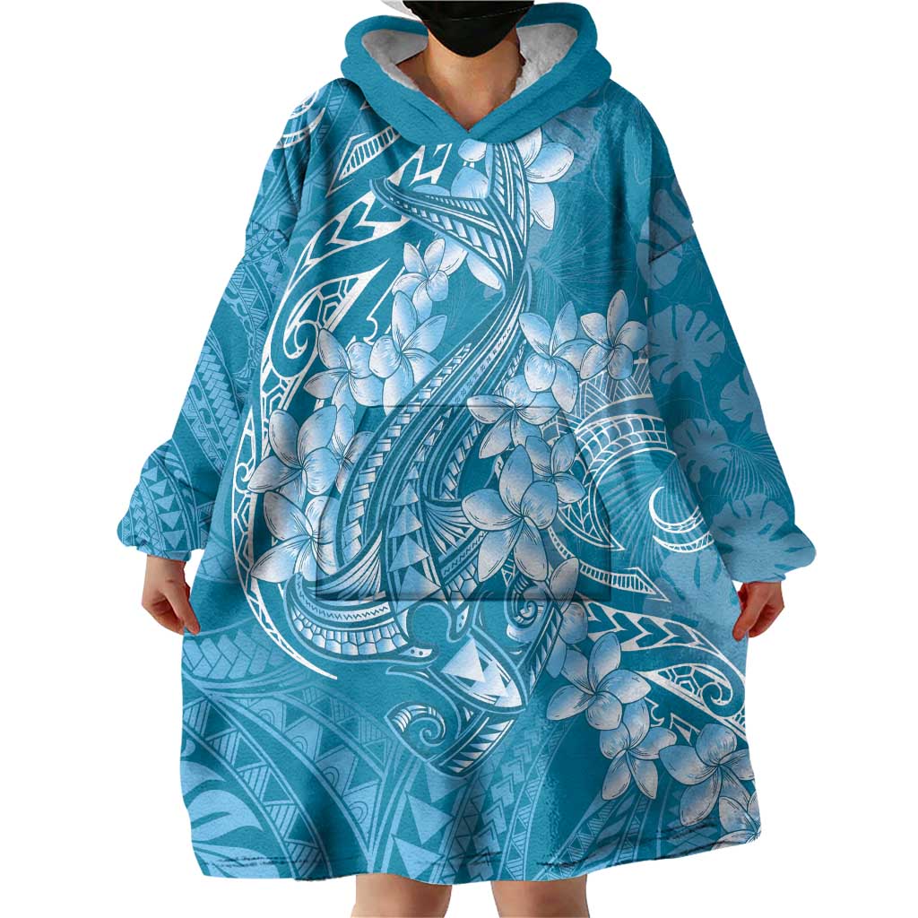 Blue Polynesia Hammerhead Shark Tattoo With Plumeria Lei Wearable Blanket Hoodie