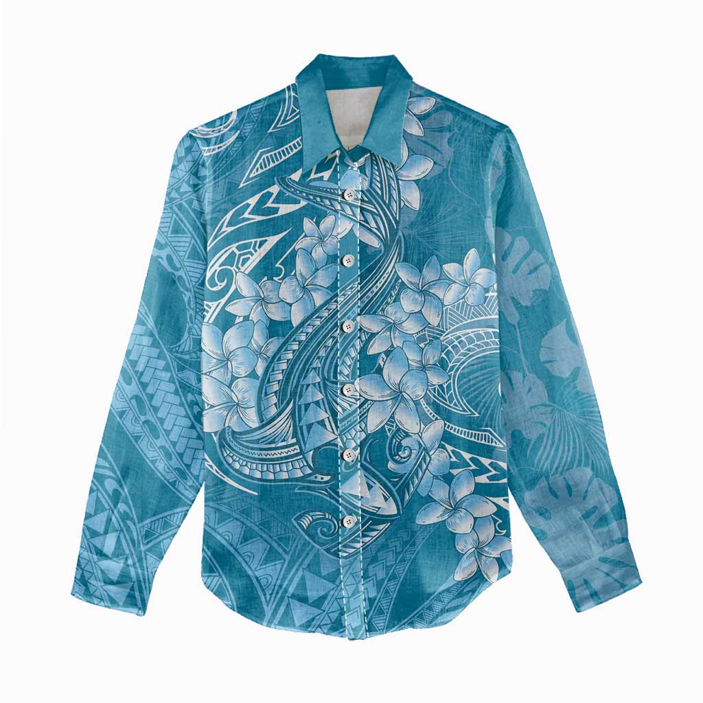 Blue Polynesia Hammerhead Shark Tattoo With Plumeria Lei Women Casual Shirt