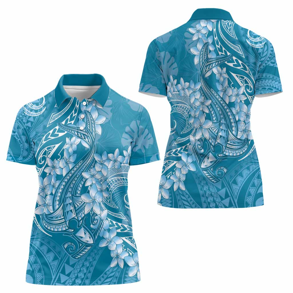 Blue Polynesia Hammerhead Shark Tattoo With Plumeria Lei Women Polo Shirt