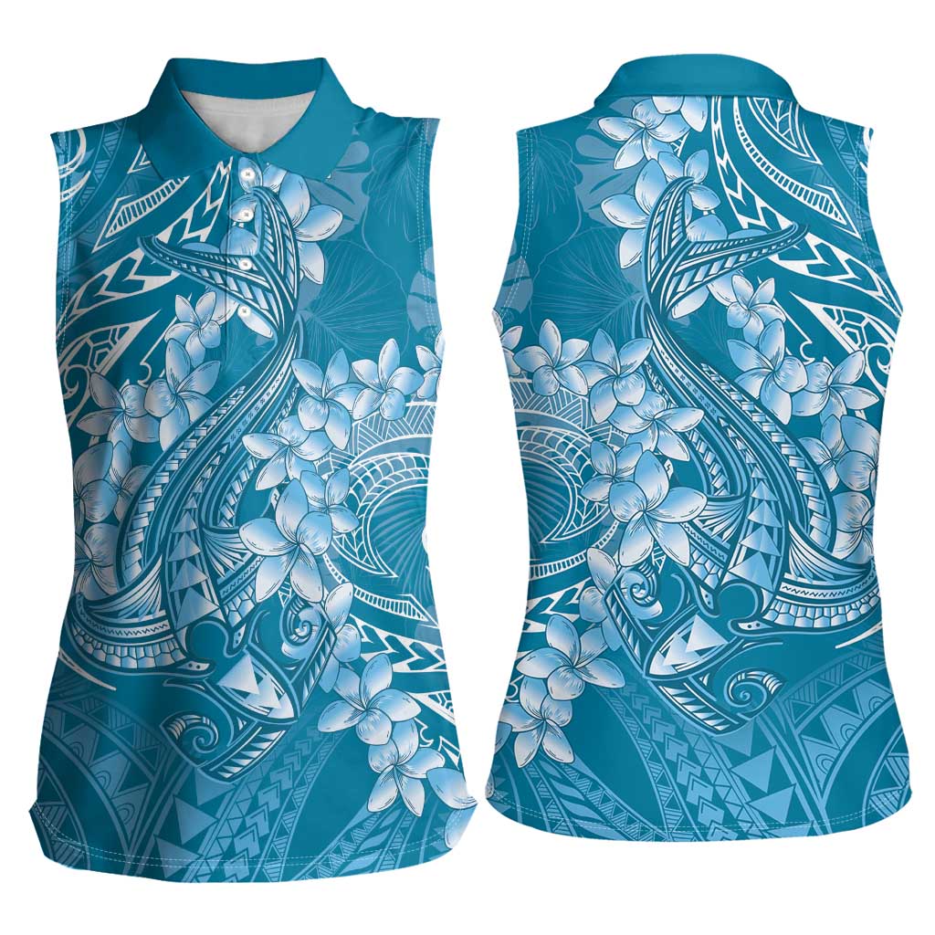 Blue Polynesia Hammerhead Shark Tattoo With Plumeria Lei Women Sleeveless Polo Shirt