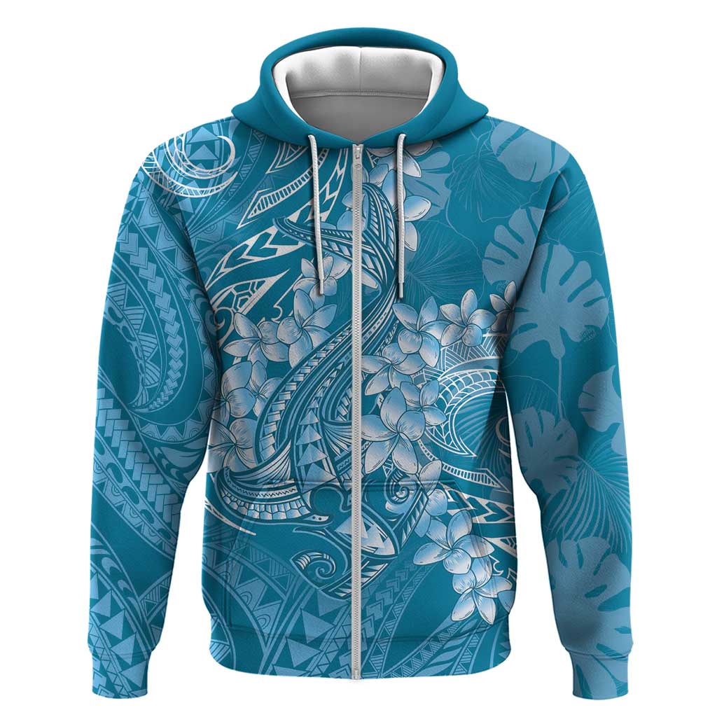 Blue Polynesia Hammerhead Shark Tattoo With Plumeria Lei Zip Hoodie