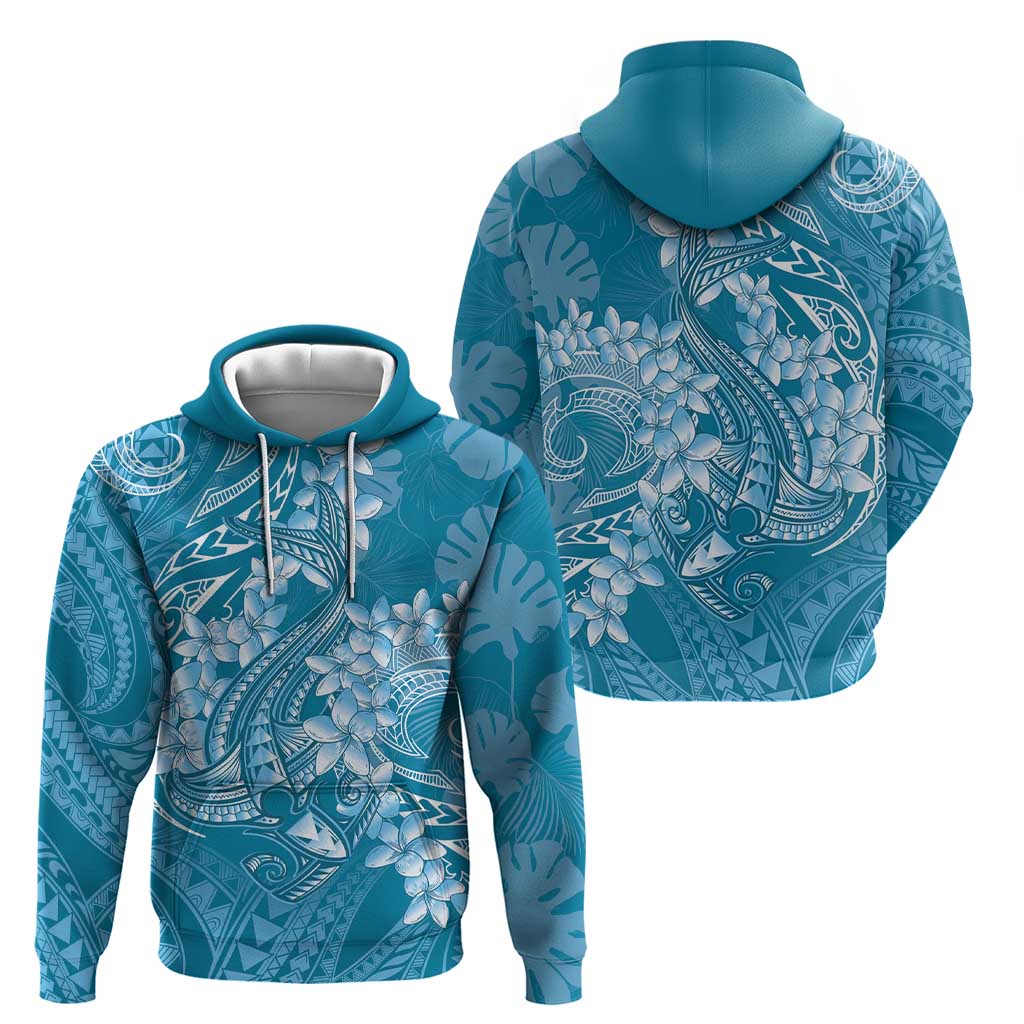Blue Polynesia Hammerhead Shark Tattoo With Plumeria Lei Zip Hoodie