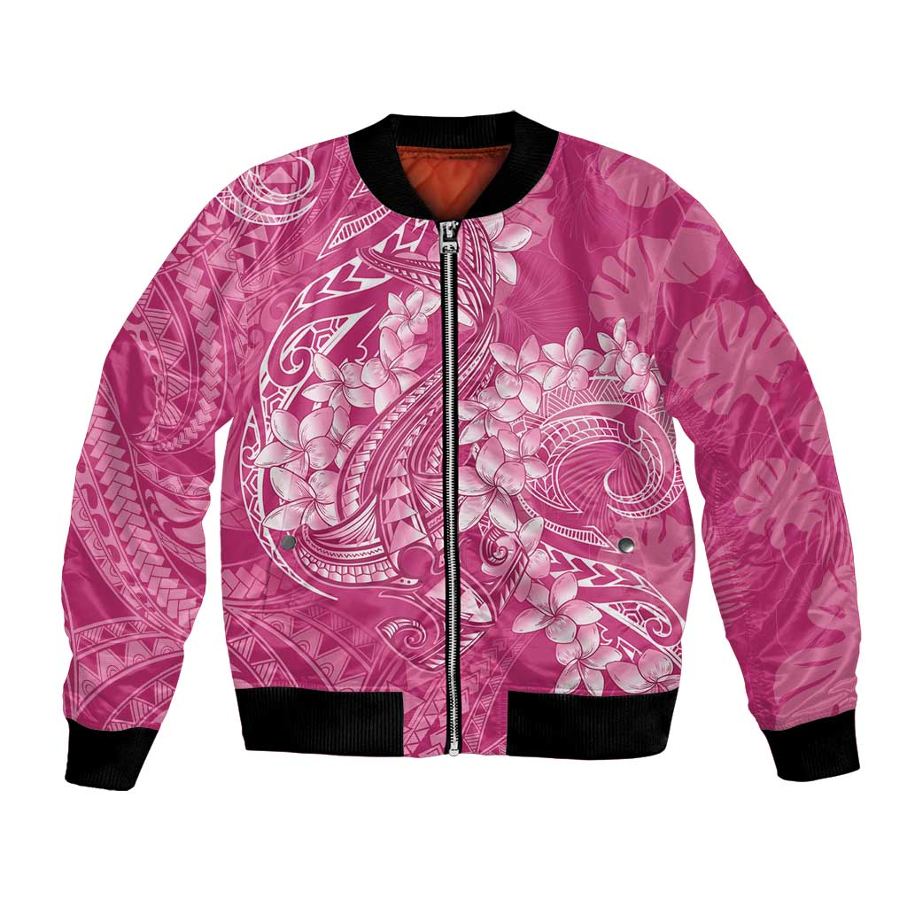 Pink Polynesia Hammerhead Shark Tattoo With Plumeria Lei Bomber Jacket