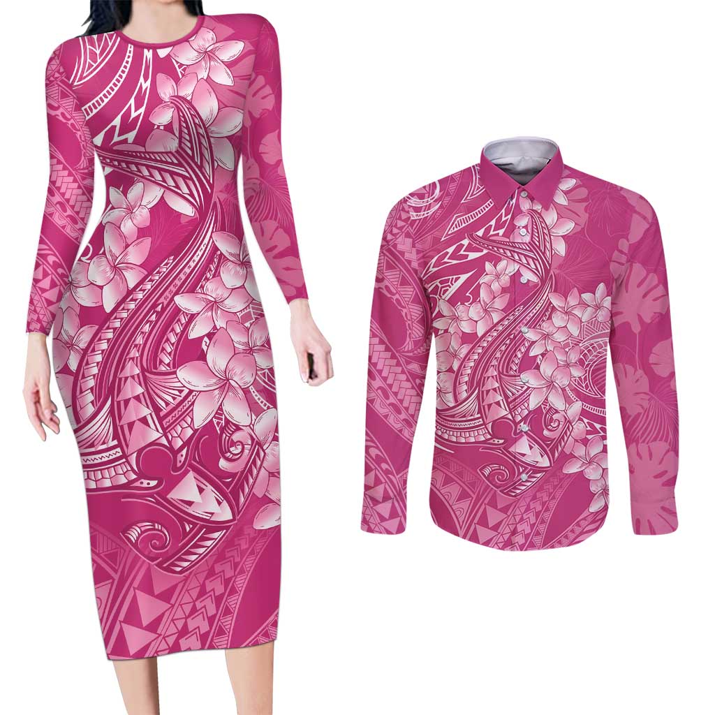 Pink Polynesia Hammerhead Shark Tattoo With Plumeria Lei Couples Matching Long Sleeve Bodycon Dress and Long Sleeve Button Shirt LT14 Pink - Polynesian Pride