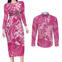 Pink Polynesia Hammerhead Shark Tattoo With Plumeria Lei Couples Matching Long Sleeve Bodycon Dress and Long Sleeve Button Shirt LT14 Pink - Polynesian Pride