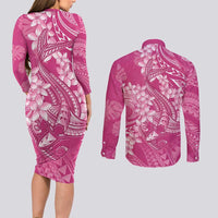 Pink Polynesia Hammerhead Shark Tattoo With Plumeria Lei Couples Matching Long Sleeve Bodycon Dress and Long Sleeve Button Shirt LT14 - Polynesian Pride