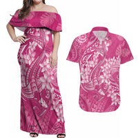 Pink Polynesia Hammerhead Shark Tattoo With Plumeria Lei Couples Matching Off Shoulder Maxi Dress and Hawaiian Shirt LT14 Pink - Polynesian Pride