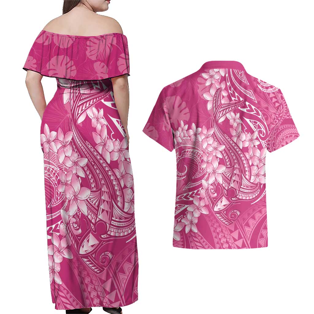 Pink Polynesia Hammerhead Shark Tattoo With Plumeria Lei Couples Matching Off Shoulder Maxi Dress and Hawaiian Shirt LT14 - Polynesian Pride
