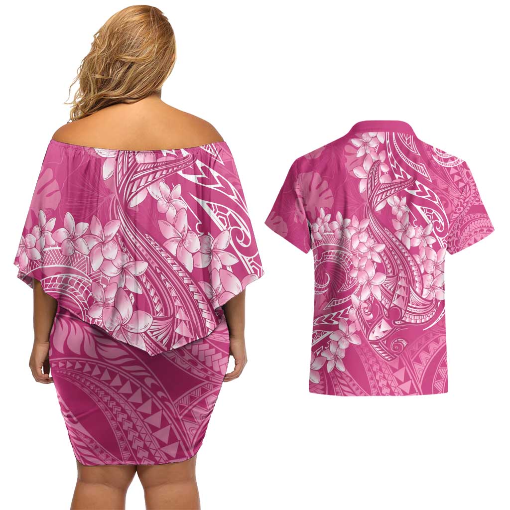 Pink Polynesia Hammerhead Shark Tattoo With Plumeria Lei Couples Matching Off Shoulder Short Dress and Hawaiian Shirt