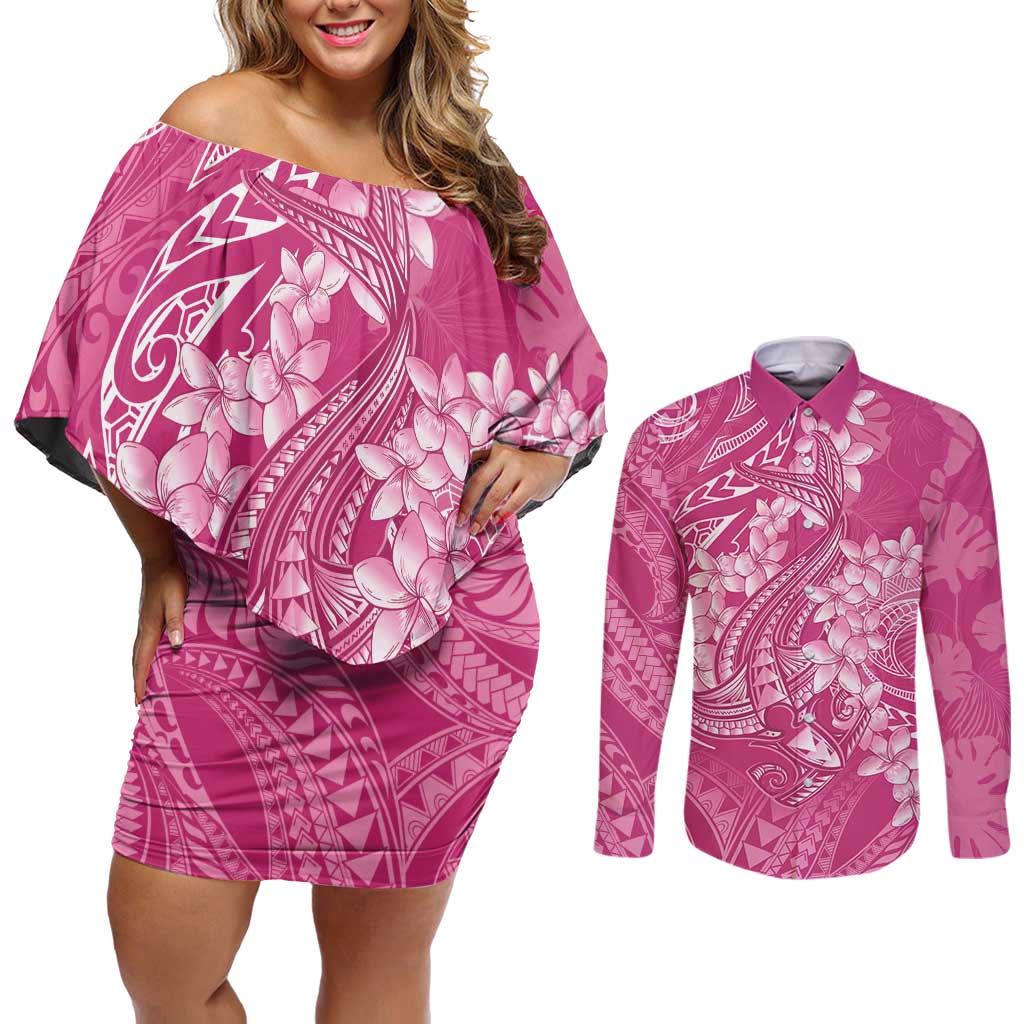 Pink Polynesia Hammerhead Shark Tattoo With Plumeria Lei Couples Matching Off Shoulder Short Dress and Long Sleeve Button Shirt