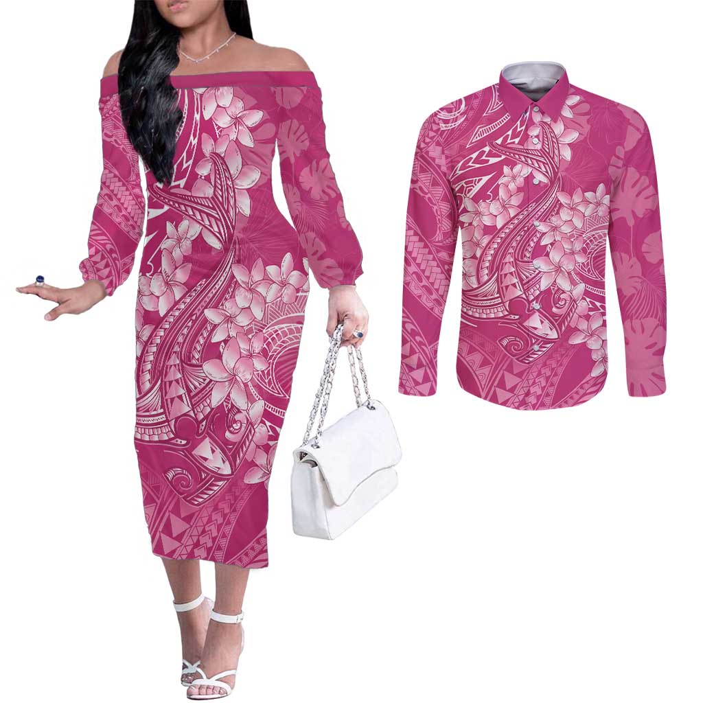 Pink Polynesia Hammerhead Shark Tattoo With Plumeria Lei Couples Matching Off The Shoulder Long Sleeve Dress and Long Sleeve Button Shirt LT14 Pink - Polynesian Pride