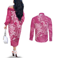 Pink Polynesia Hammerhead Shark Tattoo With Plumeria Lei Couples Matching Off The Shoulder Long Sleeve Dress and Long Sleeve Button Shirt LT14 - Polynesian Pride
