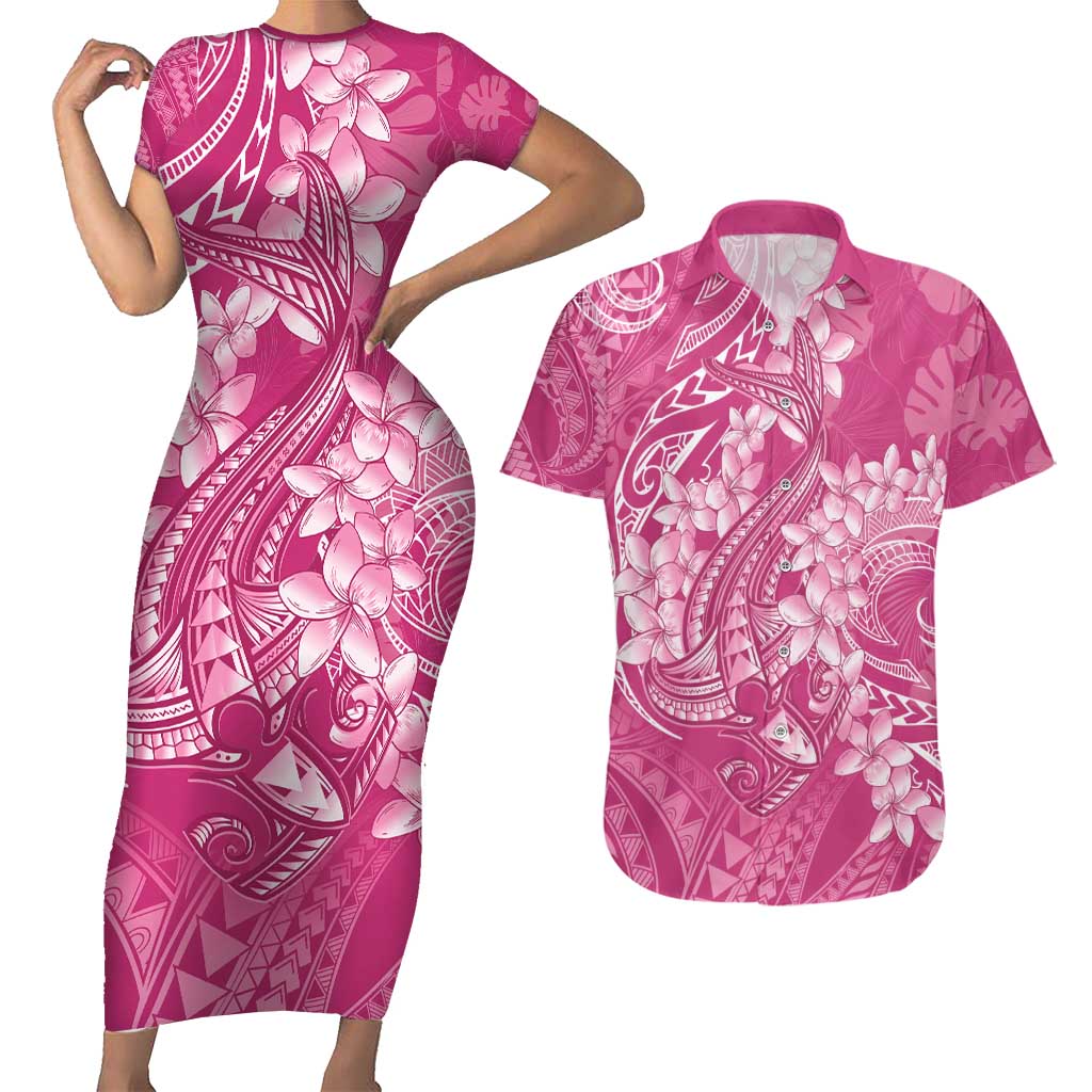 Pink Polynesia Hammerhead Shark Tattoo With Plumeria Lei Couples Matching Short Sleeve Bodycon Dress and Hawaiian Shirt