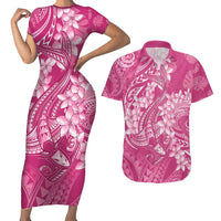 Pink Polynesia Hammerhead Shark Tattoo With Plumeria Lei Couples Matching Short Sleeve Bodycon Dress and Hawaiian Shirt