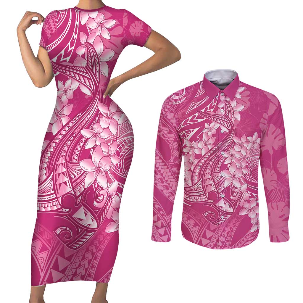 Pink Polynesia Hammerhead Shark Tattoo With Plumeria Lei Couples Matching Short Sleeve Bodycon Dress and Long Sleeve Button Shirt LT14 Pink - Polynesian Pride