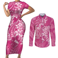 Pink Polynesia Hammerhead Shark Tattoo With Plumeria Lei Couples Matching Short Sleeve Bodycon Dress and Long Sleeve Button Shirt LT14 Pink - Polynesian Pride