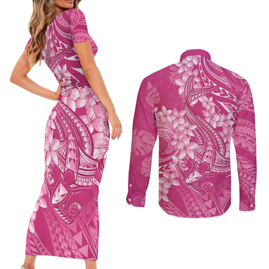 Pink Polynesia Hammerhead Shark Tattoo With Plumeria Lei Couples Matching Short Sleeve Bodycon Dress and Long Sleeve Button Shirt LT14 - Polynesian Pride