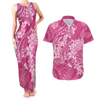 Pink Polynesia Hammerhead Shark Tattoo With Plumeria Lei Couples Matching Tank Maxi Dress and Hawaiian Shirt