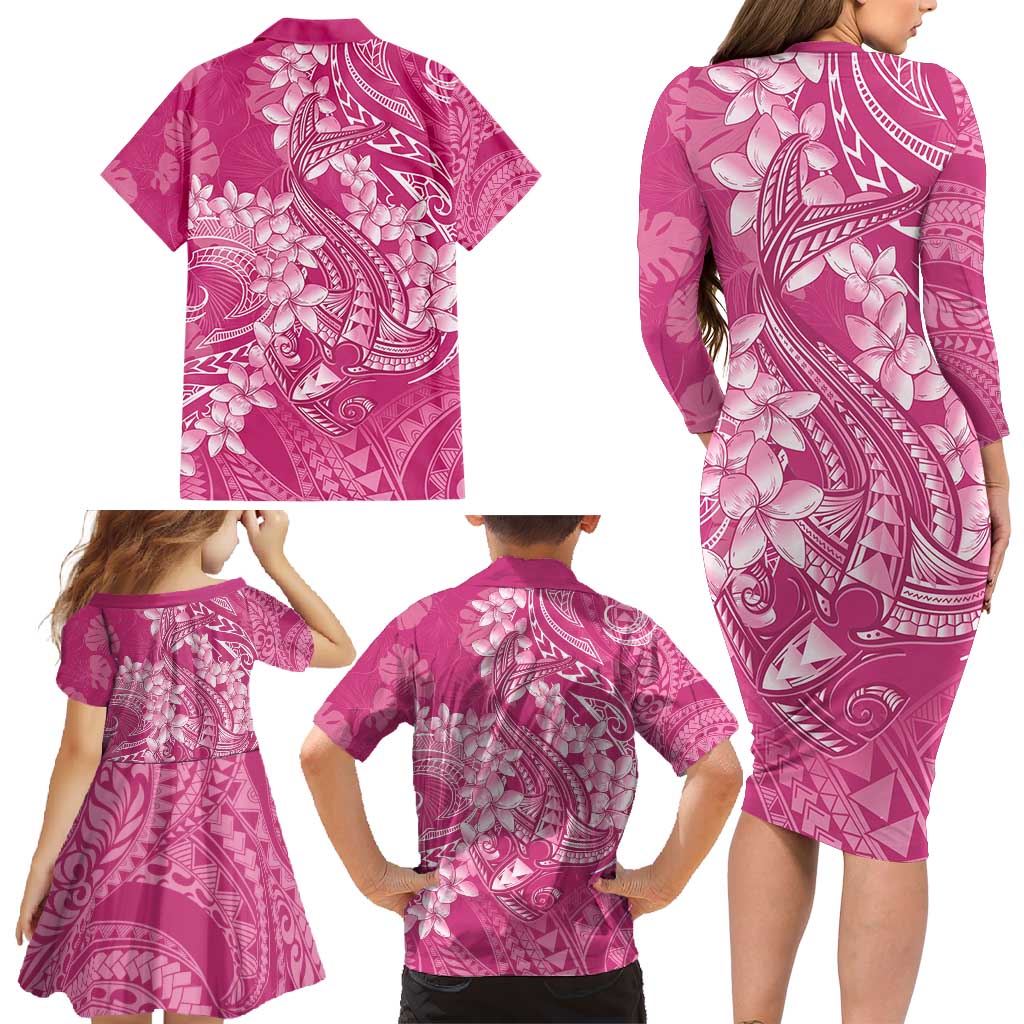 Pink Polynesia Hammerhead Shark Tattoo With Plumeria Lei Family Matching Long Sleeve Bodycon Dress and Hawaiian Shirt
