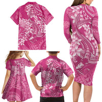 Pink Polynesia Hammerhead Shark Tattoo With Plumeria Lei Family Matching Long Sleeve Bodycon Dress and Hawaiian Shirt