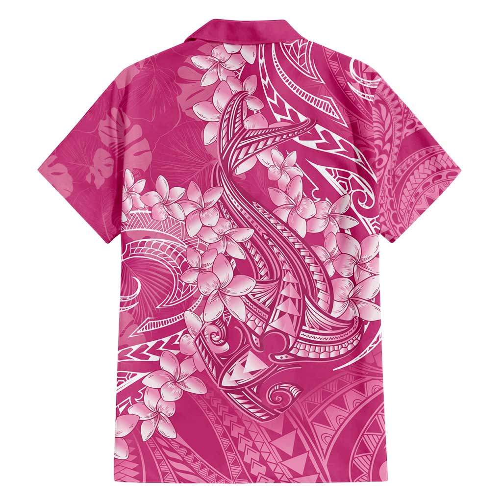 Pink Polynesia Hammerhead Shark Tattoo With Plumeria Lei Family Matching Long Sleeve Bodycon Dress and Hawaiian Shirt