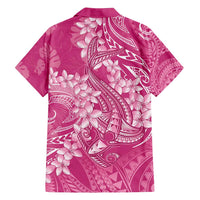 Pink Polynesia Hammerhead Shark Tattoo With Plumeria Lei Family Matching Long Sleeve Bodycon Dress and Hawaiian Shirt