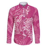 Pink Polynesia Hammerhead Shark Tattoo With Plumeria Lei Family Matching Long Sleeve Bodycon Dress and Hawaiian Shirt