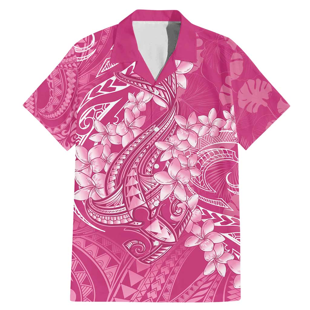 Pink Polynesia Hammerhead Shark Tattoo With Plumeria Lei Family Matching Mermaid Dress and Hawaiian Shirt