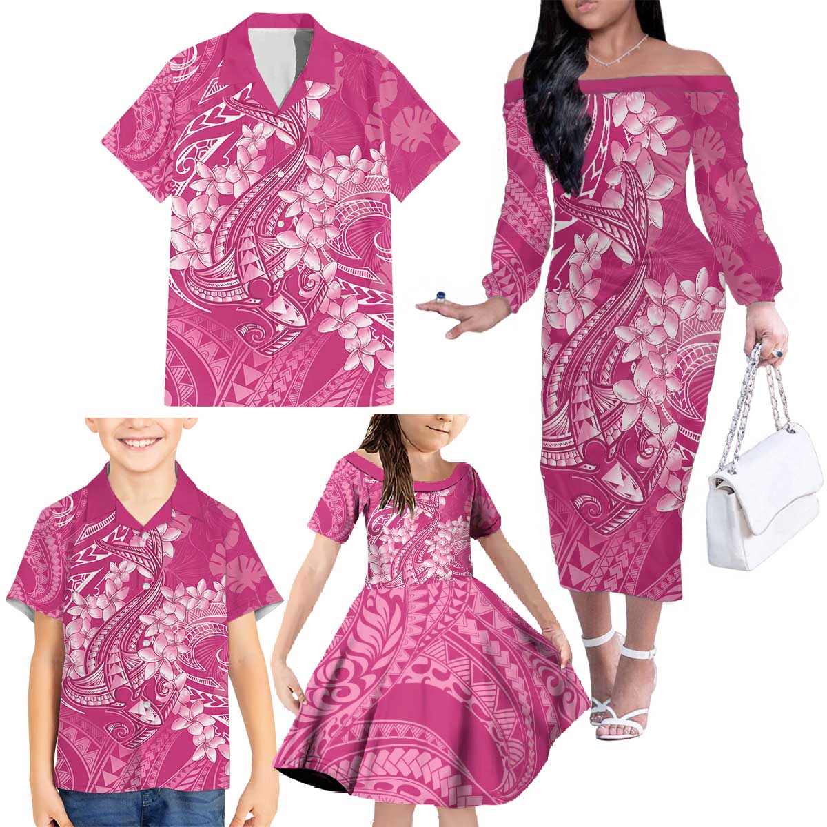 Pink Polynesia Hammerhead Shark Tattoo With Plumeria Lei Family Matching Off The Shoulder Long Sleeve Dress and Hawaiian Shirt