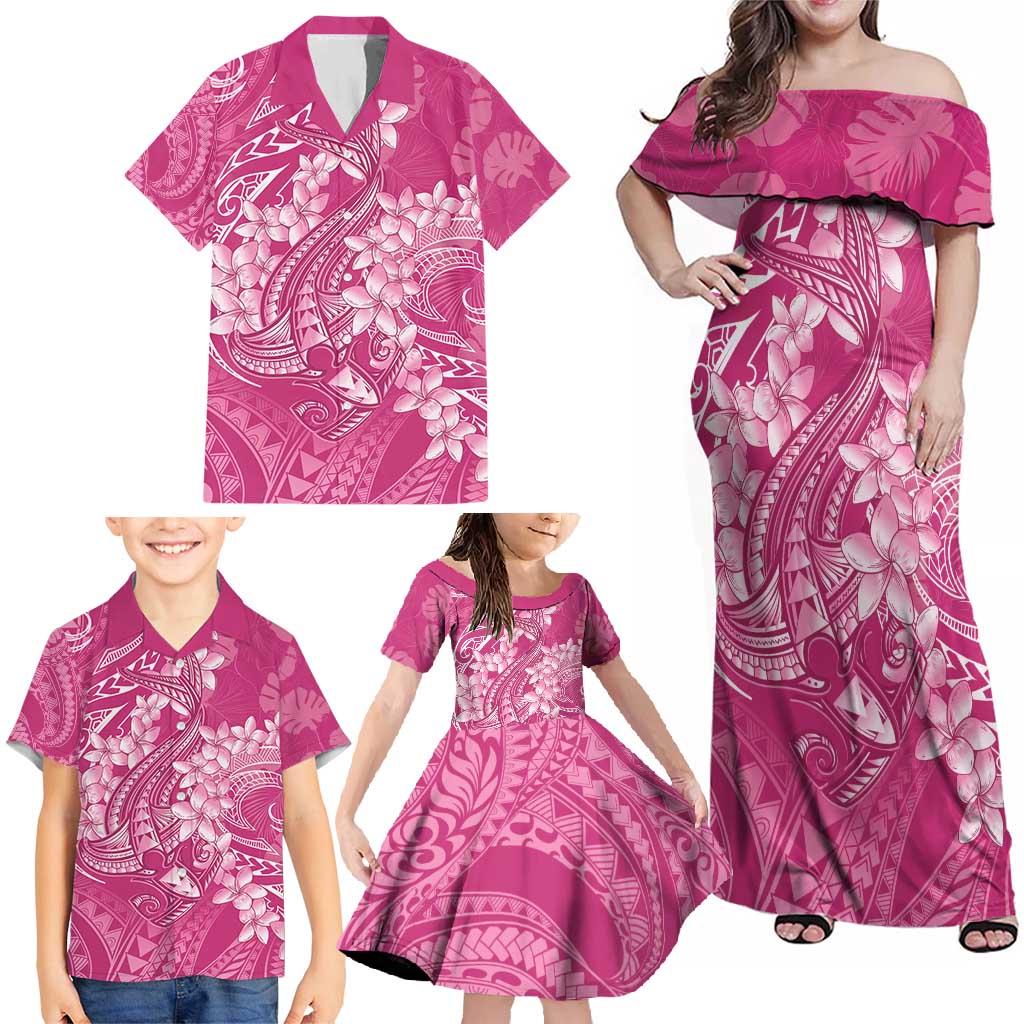 Pink Polynesia Hammerhead Shark Tattoo With Plumeria Lei Family Matching Off Shoulder Maxi Dress and Hawaiian Shirt