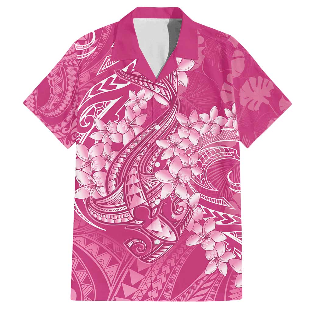 Pink Polynesia Hammerhead Shark Tattoo With Plumeria Lei Family Matching Puletasi and Hawaiian Shirt