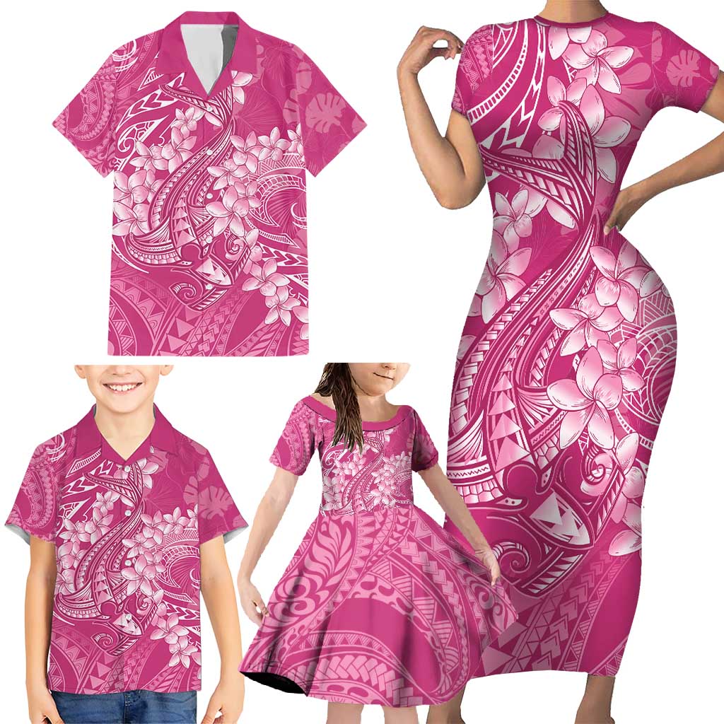 Pink Polynesia Hammerhead Shark Tattoo With Plumeria Lei Family Matching Short Sleeve Bodycon Dress and Hawaiian Shirt