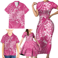 Pink Polynesia Hammerhead Shark Tattoo With Plumeria Lei Family Matching Short Sleeve Bodycon Dress and Hawaiian Shirt