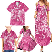 Pink Polynesia Hammerhead Shark Tattoo With Plumeria Lei Family Matching Summer Maxi Dress and Hawaiian Shirt